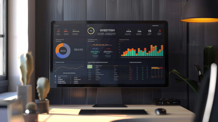 A computer monitor displaying various analytical data and colorful graphs on a sleek, modern workstation with minimalistic decor and warm lighting.
