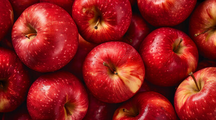 A hearty spread of glistening red apples with droplets of water, reflecting freshness, health, and the bounty of nature.