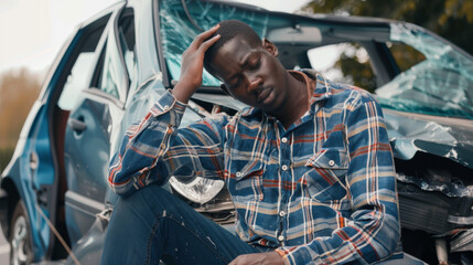 A distressed man sits next to a severely damaged car, appearing to be in shock or deep thought following an accident.