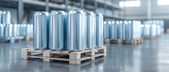 Industrial warehouse with large shiny aluminum barrels on wooden pallets, reflecting bright light, emphasizing cleanliness and organization.