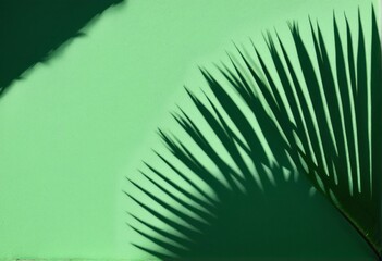 Fototapeta premium Abstract shadow of a single palm leaf on a green wall background. Empty space for copy and text.