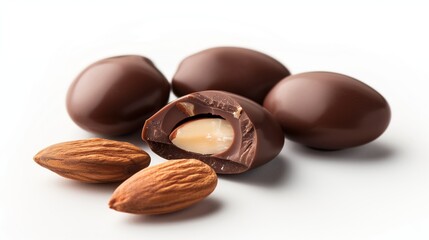 cracked chocolate-coated almond, with half of it showing the almond inside isolated on white background