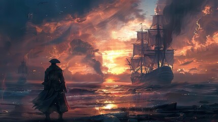 Obraz premium majestic pirate captain standing boldly before two grand pirate ships epic digital painting