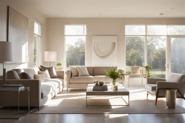 Fototapeta premium Bright and modern living room adorned with elegant neutral decor.