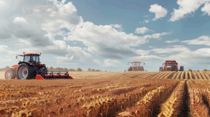 Modern Harvesting Machines Working Efficiently in a Vast Golden Field at Sunset - Agriculture Concept