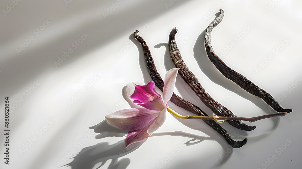 Poster vanilla pods and flower on white background : generative ai