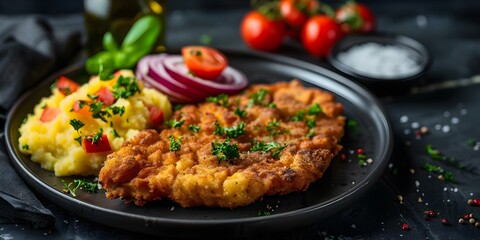 Fototapeta premium Milanesa Your Choice of Mashed Potatoes or Sandwich. Concept Comfort Food, Latin Cuisine, Breaded Chicken, Argentinian Dish