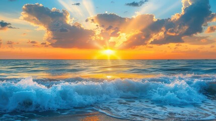 majestic sunrise over tranquil ocean waves golden rays emerging from horizon at dawn