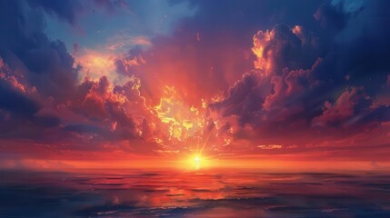 Fototapeta premium majestic sunset or sunrise landscape dramatic sky digital art illustration