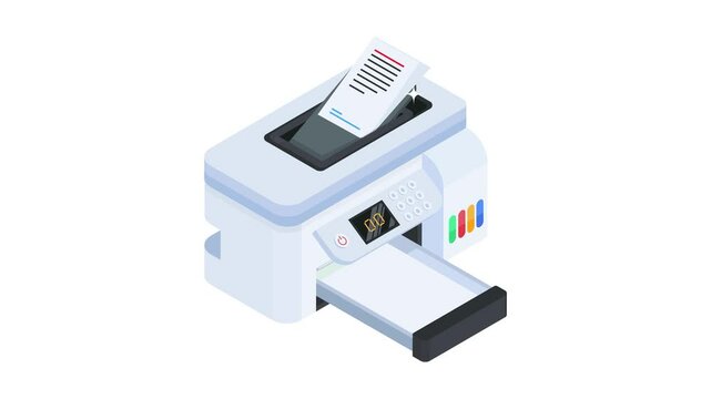 isometric animated icon of an inkjet colour printer