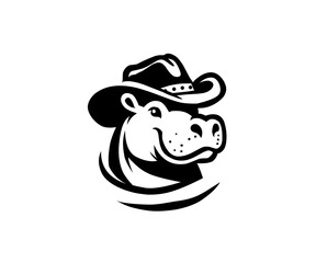 Silhouette logo of a smiling hippo wearing a cowboy hat