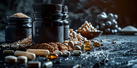 Close-up Shot of Bodybuilding Supplements on Dark Background with Copy Space. Concept Bodybuilding Supplements, Close-up Shot, Dark Background, Copy Space