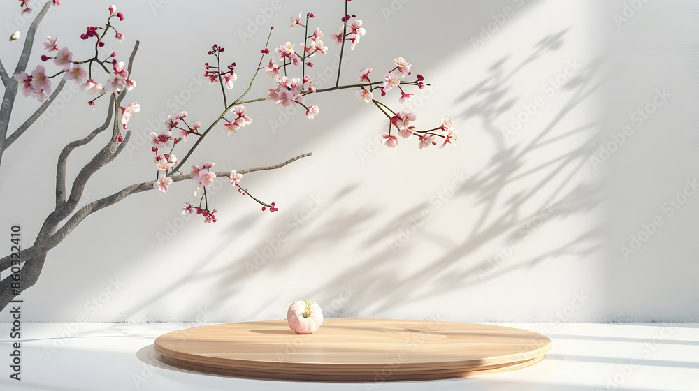 Poster Geometric empty podium wooden platform stand for product presentation and spring flowering tree branch with pink flowers on white background : Generative AI