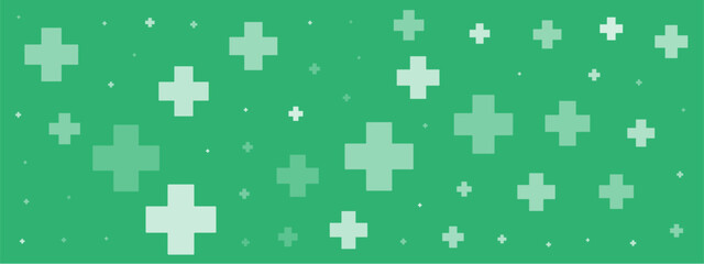 White plus symbols of different sizes and opacity on green background. Abstract pattern of medical cross or mathematical plus pictogram. Vector illustration on cyan background with stars