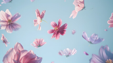 Flowers levitating on a pastel blue background Colorful pink and purple trendy summer flowers flying Surreal aesthetic nature spring concept : Generative AI