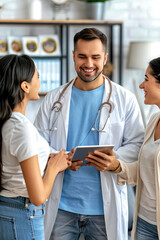 Smiling young doctor healthcare medical consultation with patient and colleague, teamwork friendly discussion