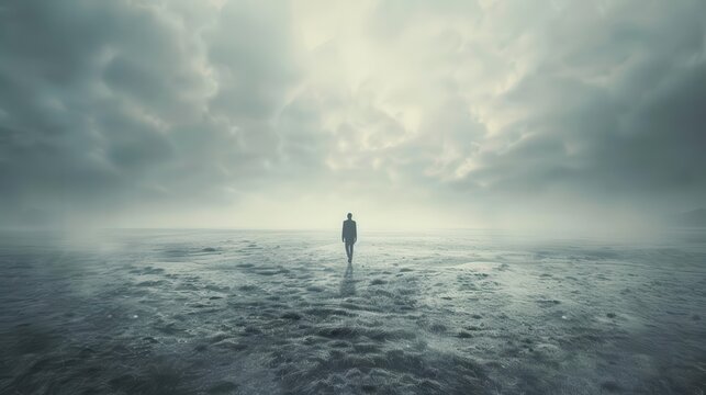 man walking alone in vast empty void surreal loneliness concept illustration