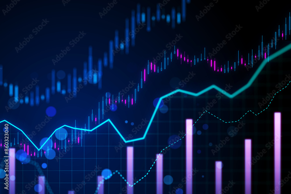 Poster stock market chart with glowing lines, dots and candlesticks on a dark blue background, representing