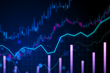 Stock market chart with glowing lines, dots and candlesticks on a dark blue background, representing financial data analysis. 3D Rendering