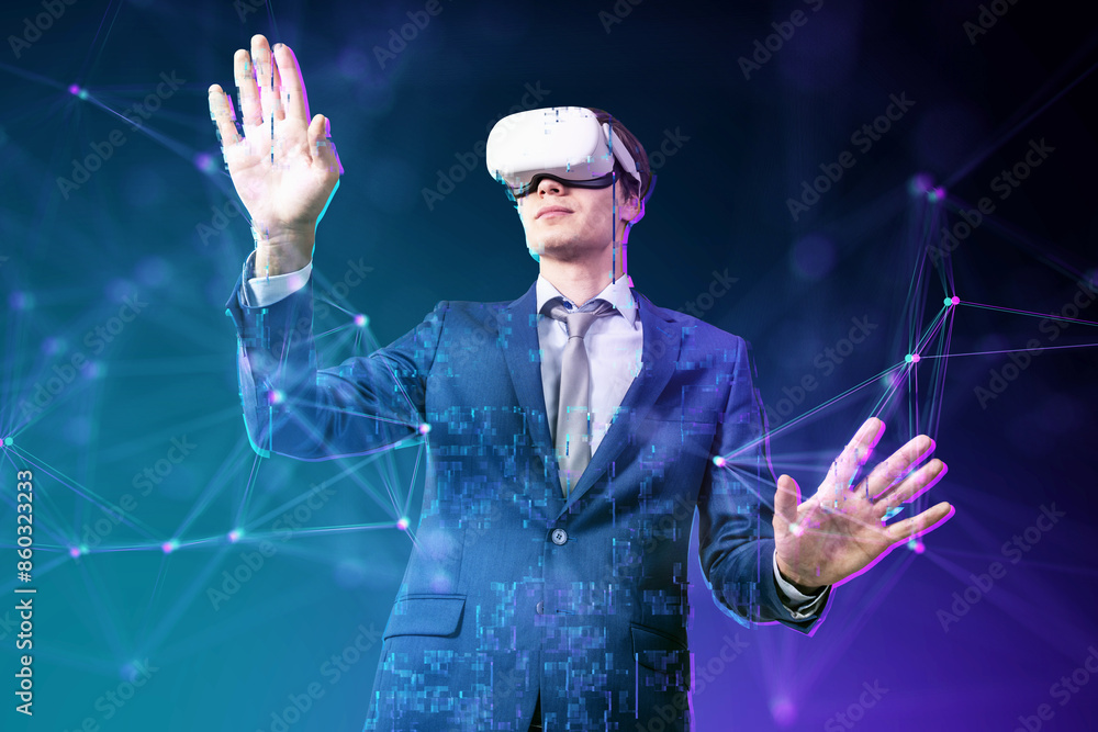 Poster man in a business suit using virtual reality headset with a digital overlay, against a network backg
