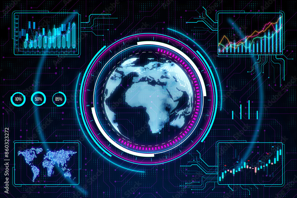 Poster A digital representation of a holographic globe with analytical charts, on a circuit-inspired background, depicting a data-driven concept. 3D Rendering