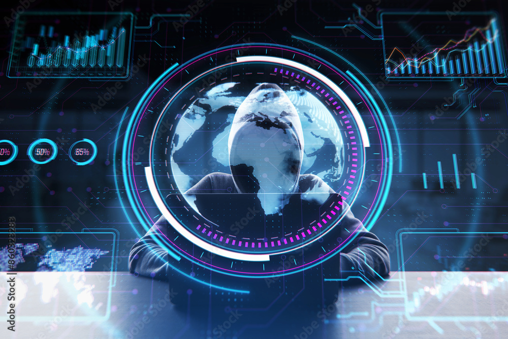 Poster A person interacting with futuristic digital interfaces displaying global data and holographic elements on dark background, concept of high-tech business