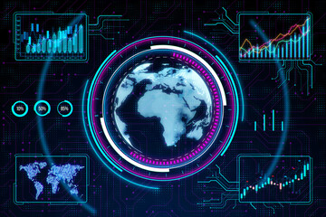 A digital representation of a holographic globe with analytical charts, on a circuit-inspired background, depicting a data-driven concept. 3D Rendering