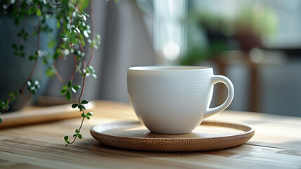 White ceramic cup on a saucer on a wooden table with a houseplant.