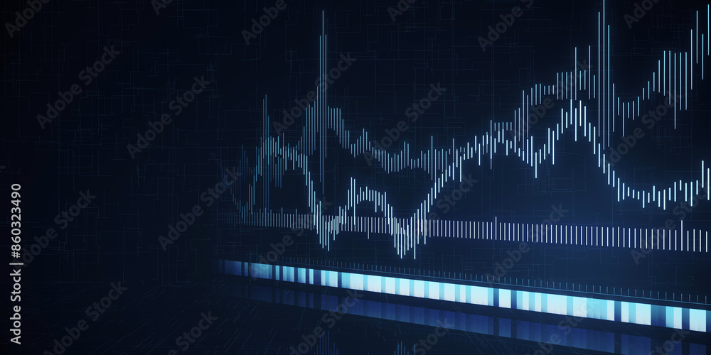 Poster digital stock market graph on a dark blue background, symbolizing financial analysis and business da