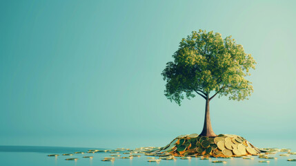 3D render of a tree growing on top of gold coins isolated on a blue background. Savings, Financial Freedom