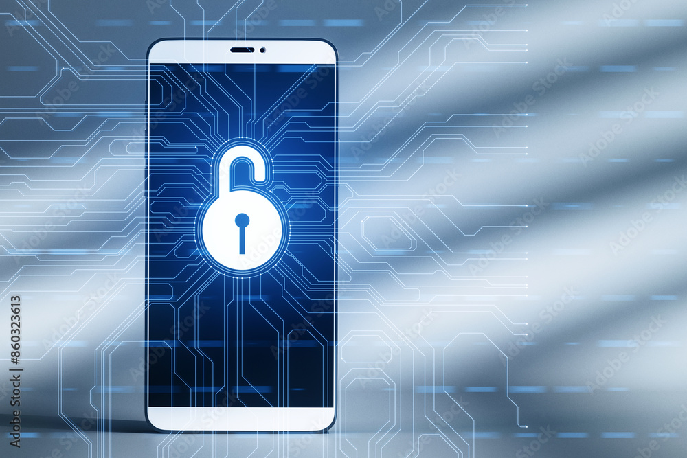 Poster a smartphone with a digital lock icon, set against a circuitry background, illustrating the concept 