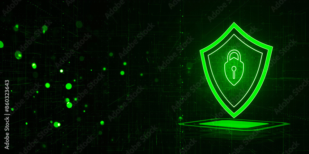 Poster a glowing green digital shield on a circuit board background, depicting cyber security concept, with