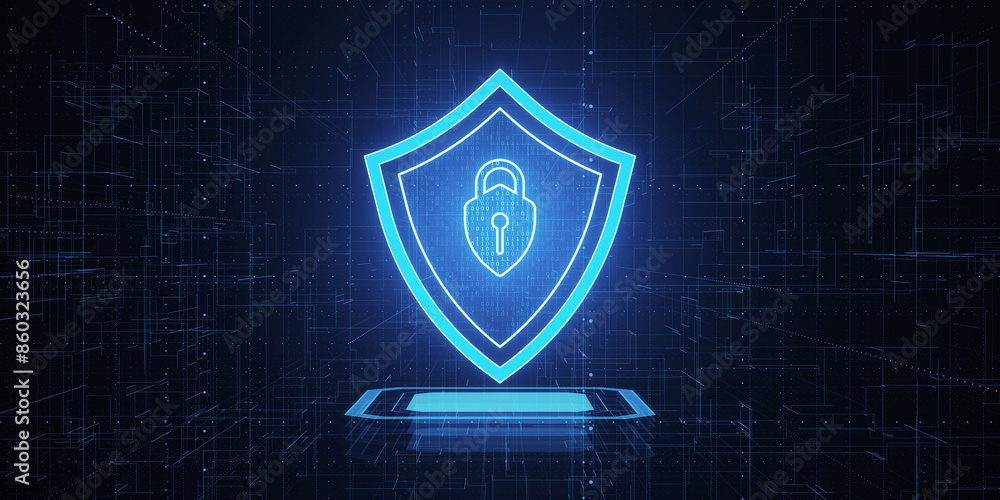 Poster a digital shield with a padlock icon, representing cybersecurity concept, on a futuristic blue backg
