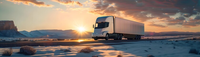Hydrogen Fuel Cell Trucks Driving Across Scenic Sunset Landscape