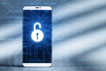 A smartphone with a digital lock icon, set against a circuitry background, illustrating the concept of cybersecurity in a digital illustration. 3D Rendering