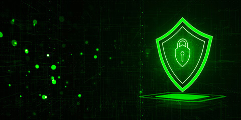 A glowing green digital shield on a circuit board background, depicting cyber security concept, with a futuristic style. 3D Rendering