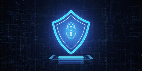 A digital shield with a padlock icon, representing cybersecurity concept, on a futuristic blue...