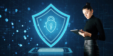 A woman interacts with a futuristic security hologram, digital graphics highlight this cyber concept on a dark background