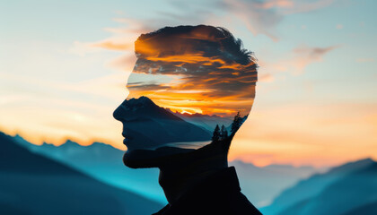 A man's silhouette is shown in a beautiful landscape with mountains and a lake