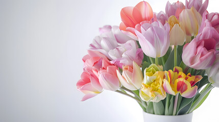 Fototapeta premium Elegant mixed pastel colored spring bouquet in white vase on white background Spring flowers Tulips bouquet : Generative AI