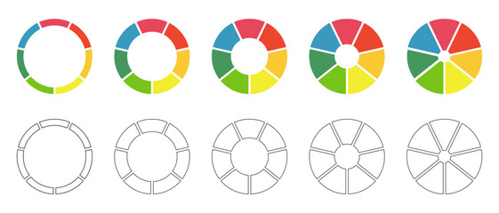 Donut charts set, pies segmented on 7 equal parts. Diagrams infographic multicolored collection. Wheels divided in seven sections. Circle section graph. Pie, pizza chart round icons. Loading bar. © Hanna