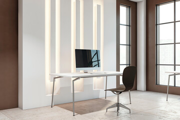 Modern office interior with a desk, chair and computer against a window background, representing a concept of simplicity. 3D Rendering