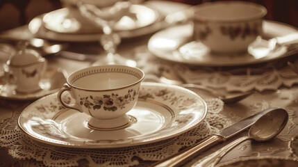 Fototapeta premium Thanksgiving table adorned with vintage floral , antique silverware, Vintage, Sepia tones, Nostalgic and elegant, 