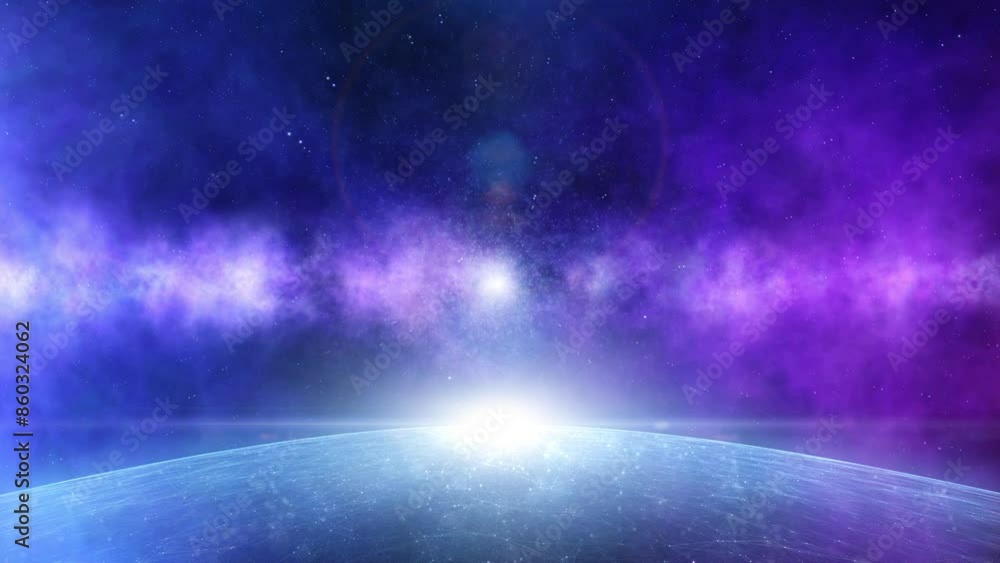 Poster loop artistic space planet with stars and lens flare animation.