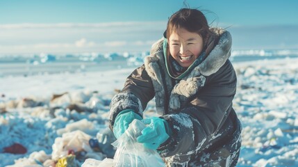 Young girl picking up plastic litter in a frozen beach.