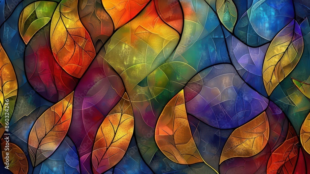 Poster mesmerizing stained glass window with colorful abstract shapes multidimensional shading and intricat