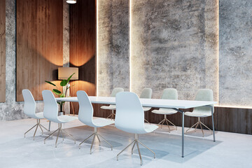 Modern conference room interior with a long table, chairs, and elegant lighting, against a backdrop of wooden and concrete walls, embodying a minimalist design concept. 3D Rendering