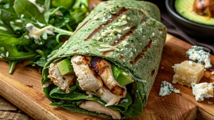 Healthy Grilled Chicken and Avocado Caesar Wrap with Parmesan Cheese and Spinach Tortilla