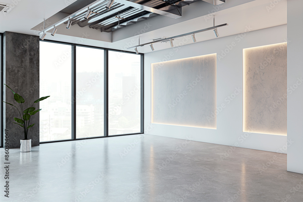 Poster modern interior with empty walls and large windows, an indoor plant, and illuminated panels, concept
