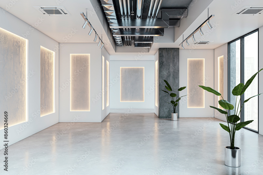Poster modern interior design of an empty room with illuminated walls, concrete and glass elements on a cit